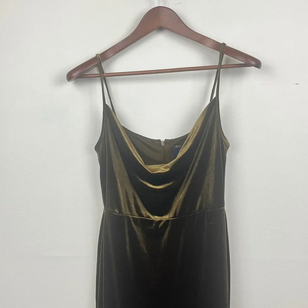 Just Taylor Olive Green Velvet Cowl Neck Maxi Dress Spaghetti Strap Size 2